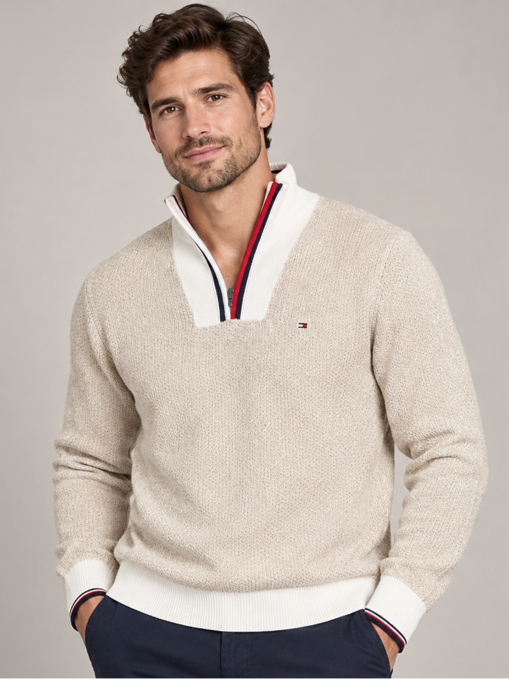 Tommy Hilfiger Beige Half-Zip Sweater with Red & Navy Trim